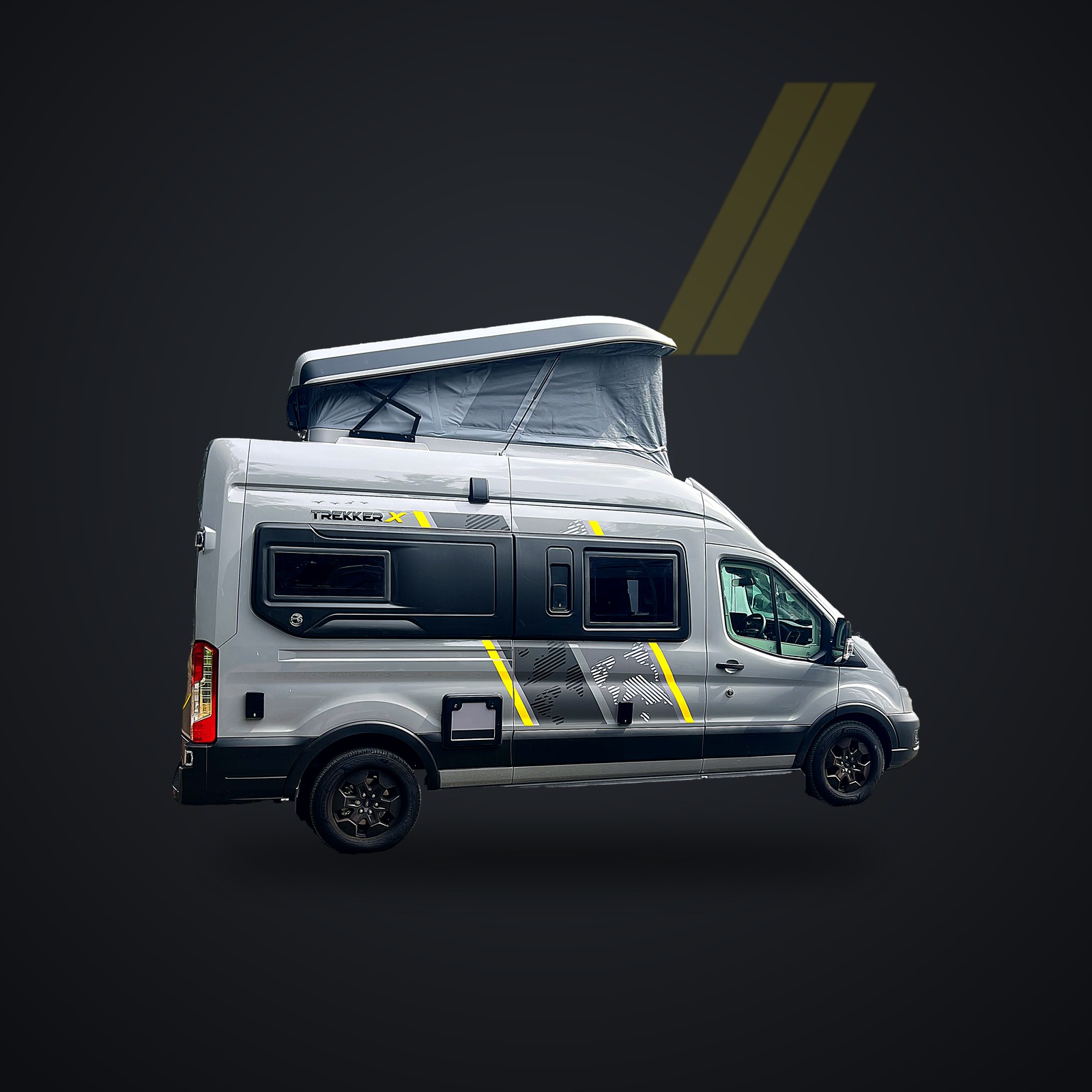 Grey Swift Trekker X campervan with its pop-top roof raised